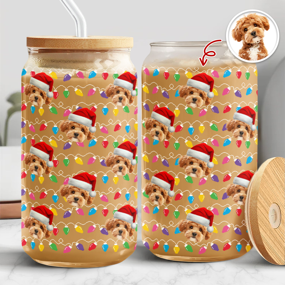 Custom Photo Dog Cat With Colorful Christmas Lights Glass Can With Lid For Dog Cat Lovers HA75 898328