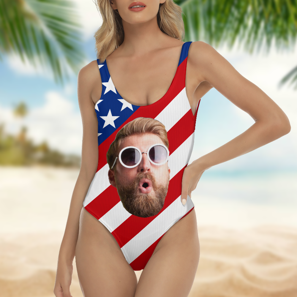 Custom Big Face American Flag Swimsuit Personalized Funny Independence Day Gift CH07 896106