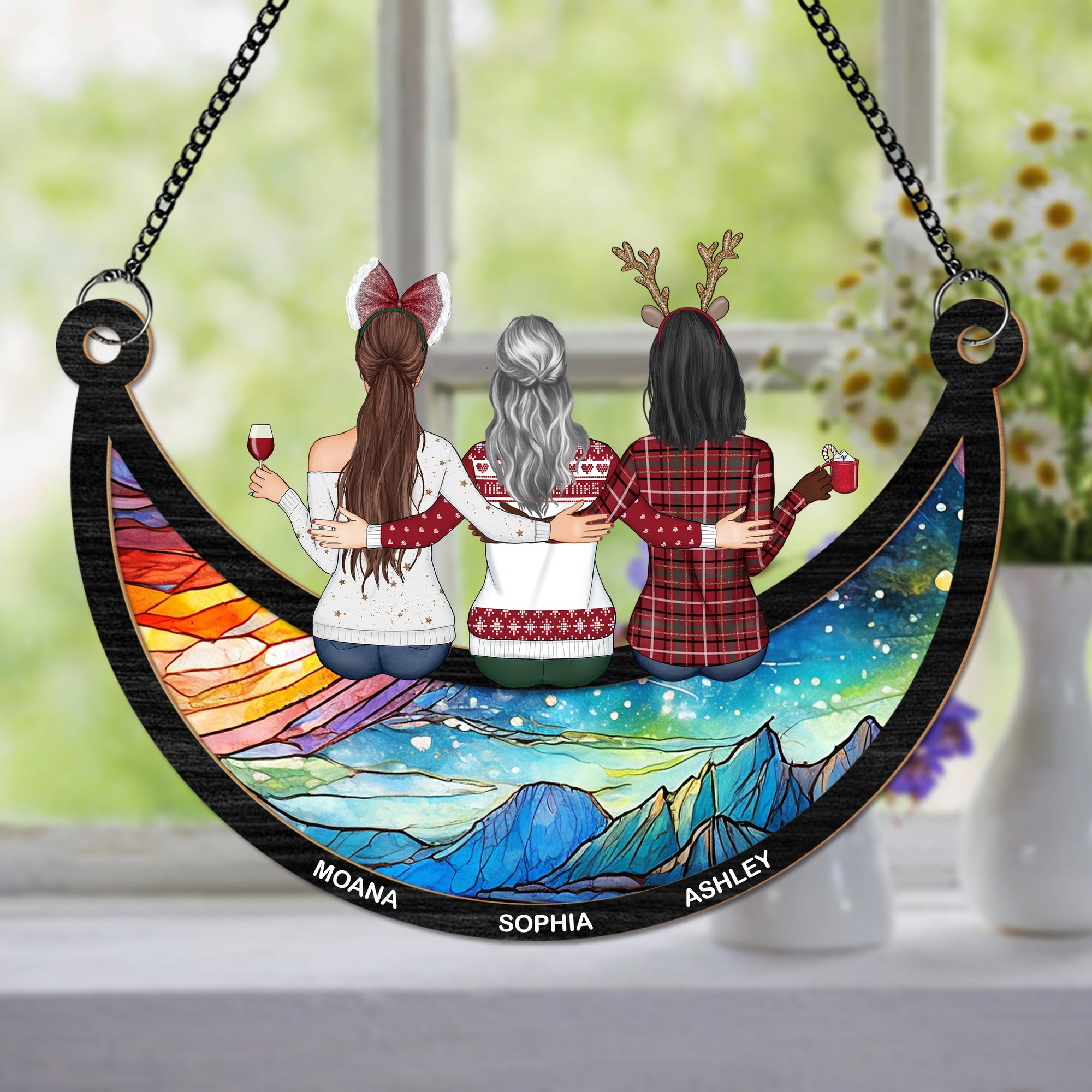 Friends, Sisters Sitting On The Moon Personalized Gift Suncatcher HA75 891360