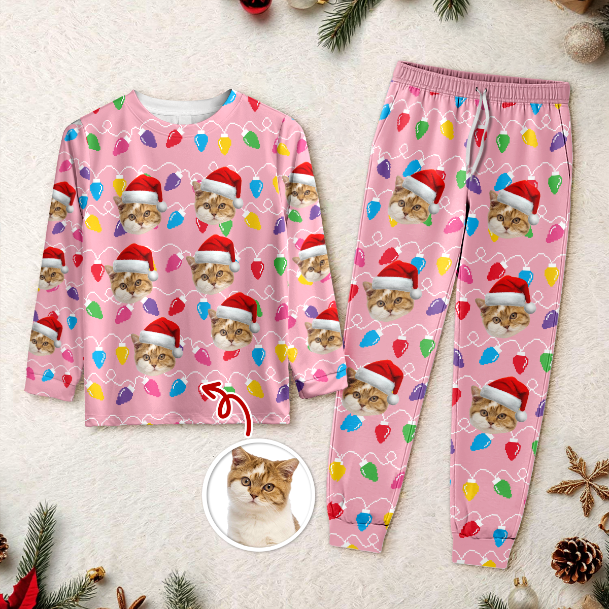 Custom Photo Cat With Colorful Christmas Lights Sleepwear HO82 900030