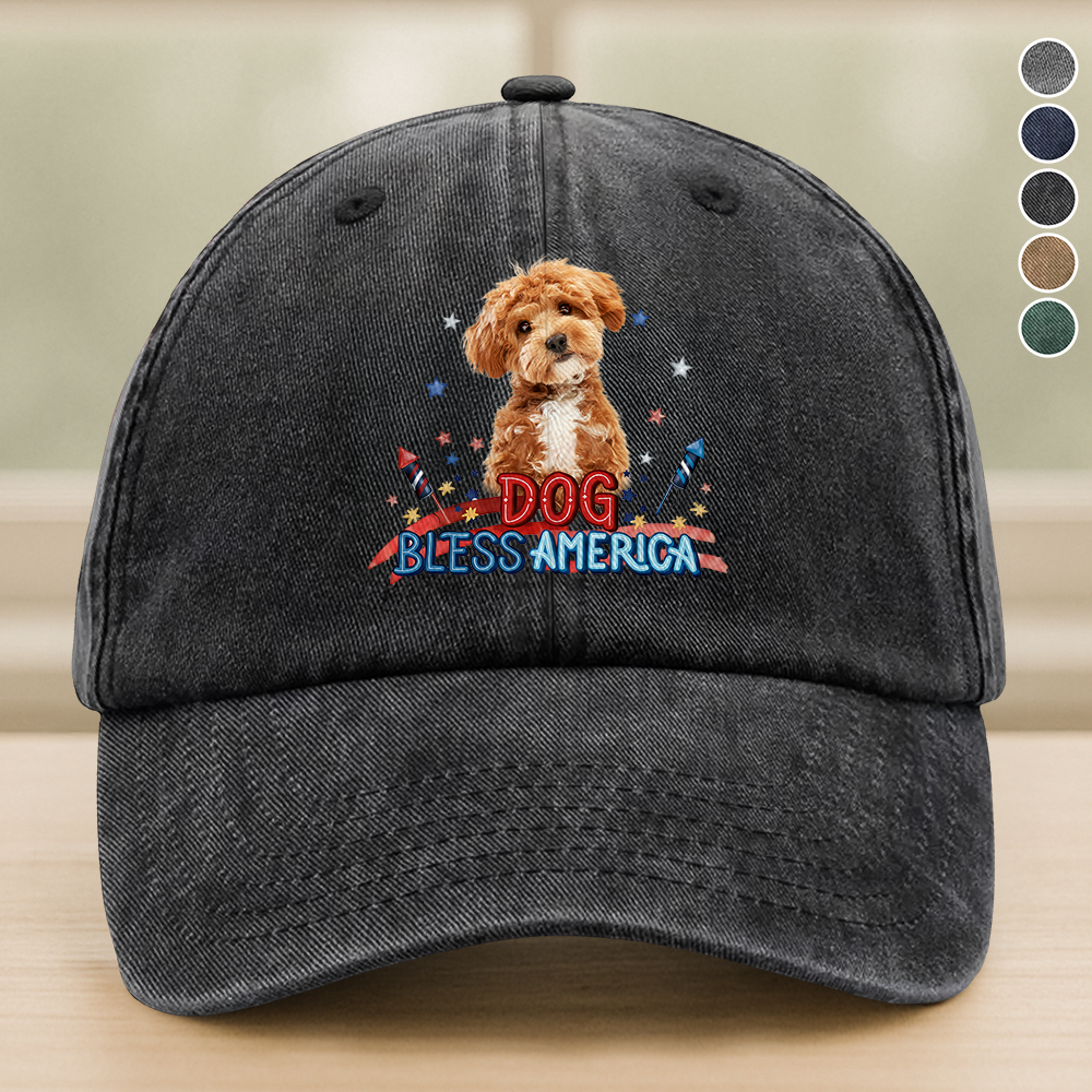 Custom Photo Dog Bless America Washed Denim Baseball Cap HO82 902846