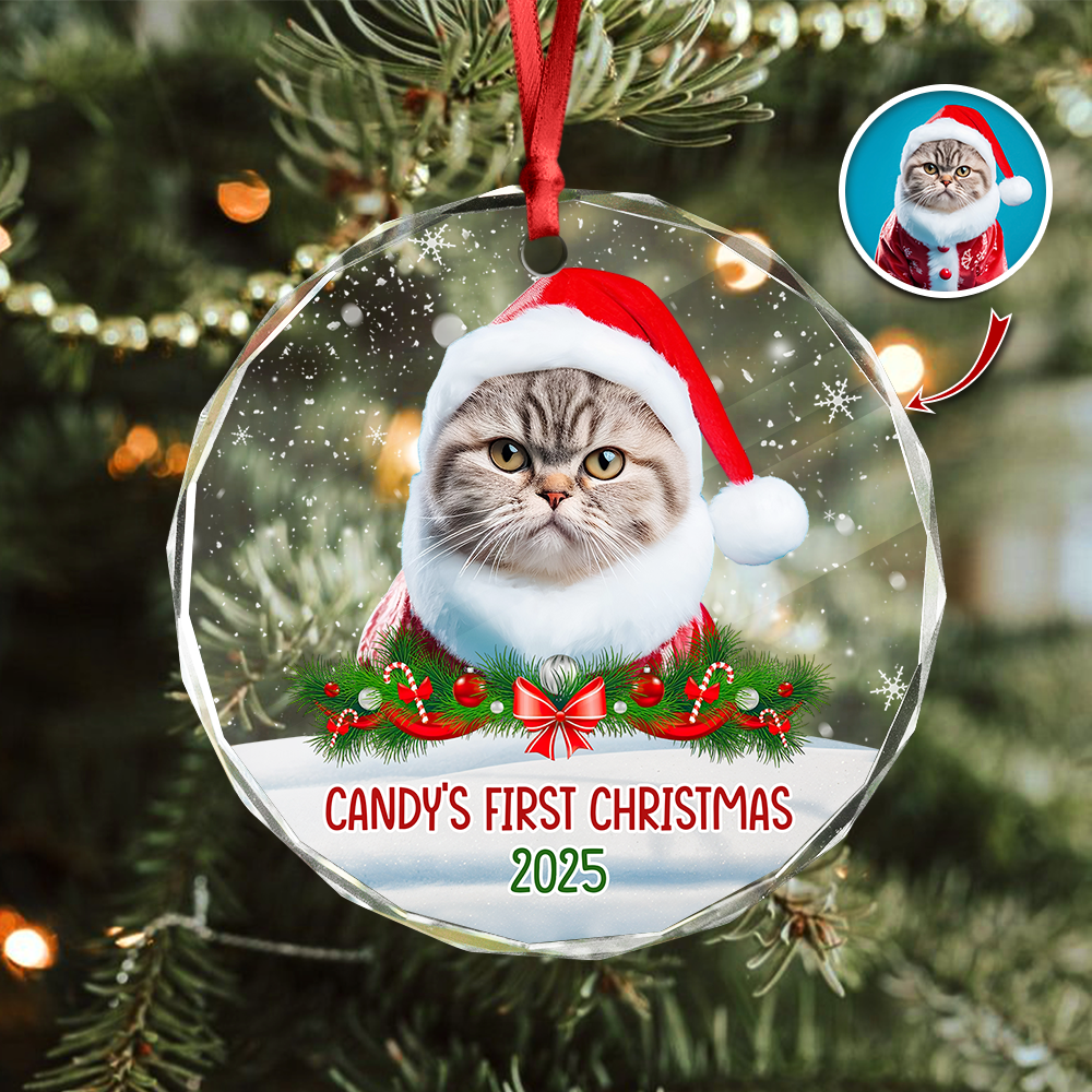 Custom Photo Cat First Christmas Glass Ornament HA75 897260
