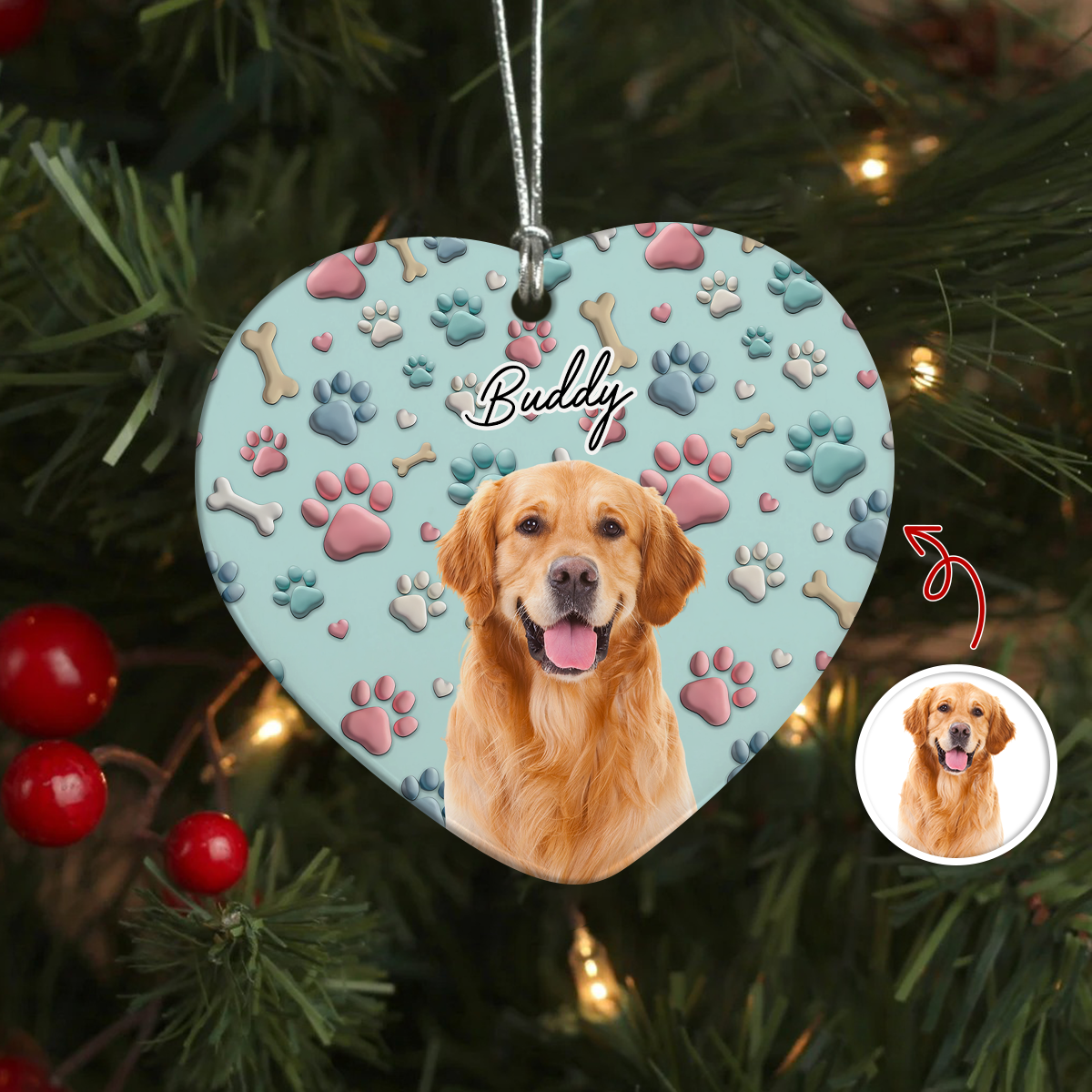 Custom Photo Lovely Dog Cat 3D Effect Heart Shaped Ceramic Ornament HA75 898194