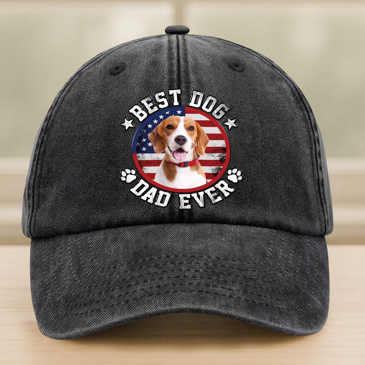 Custom Photo Best Dog Dad Ever With US Flag Washed Denim Baseball Cap HA75 892478