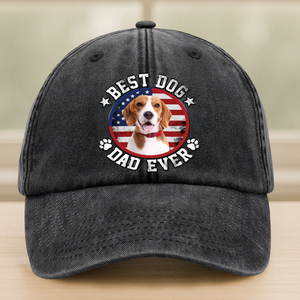Custom Photo Best Dog Dad Ever With US Flag Washed Denim Baseball Cap HA75 892478