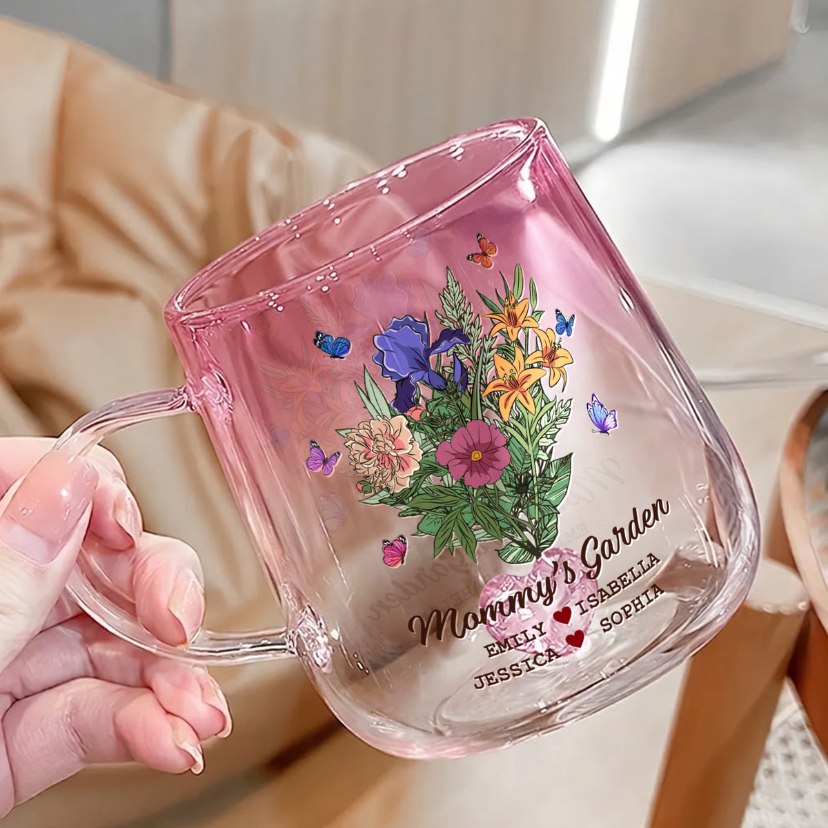Personalized The Garden Of Grandma Pink Gradient Glass Mug - Gift For Grandma, Mom, Mother's Day HO82 901750