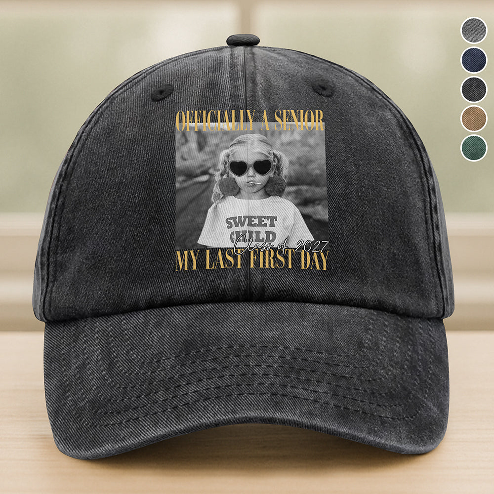 Personalised Vintage Photo And Year Senior - Officially A Senior - My Last First Day Washed Denim Baseball Cap HA75 922070