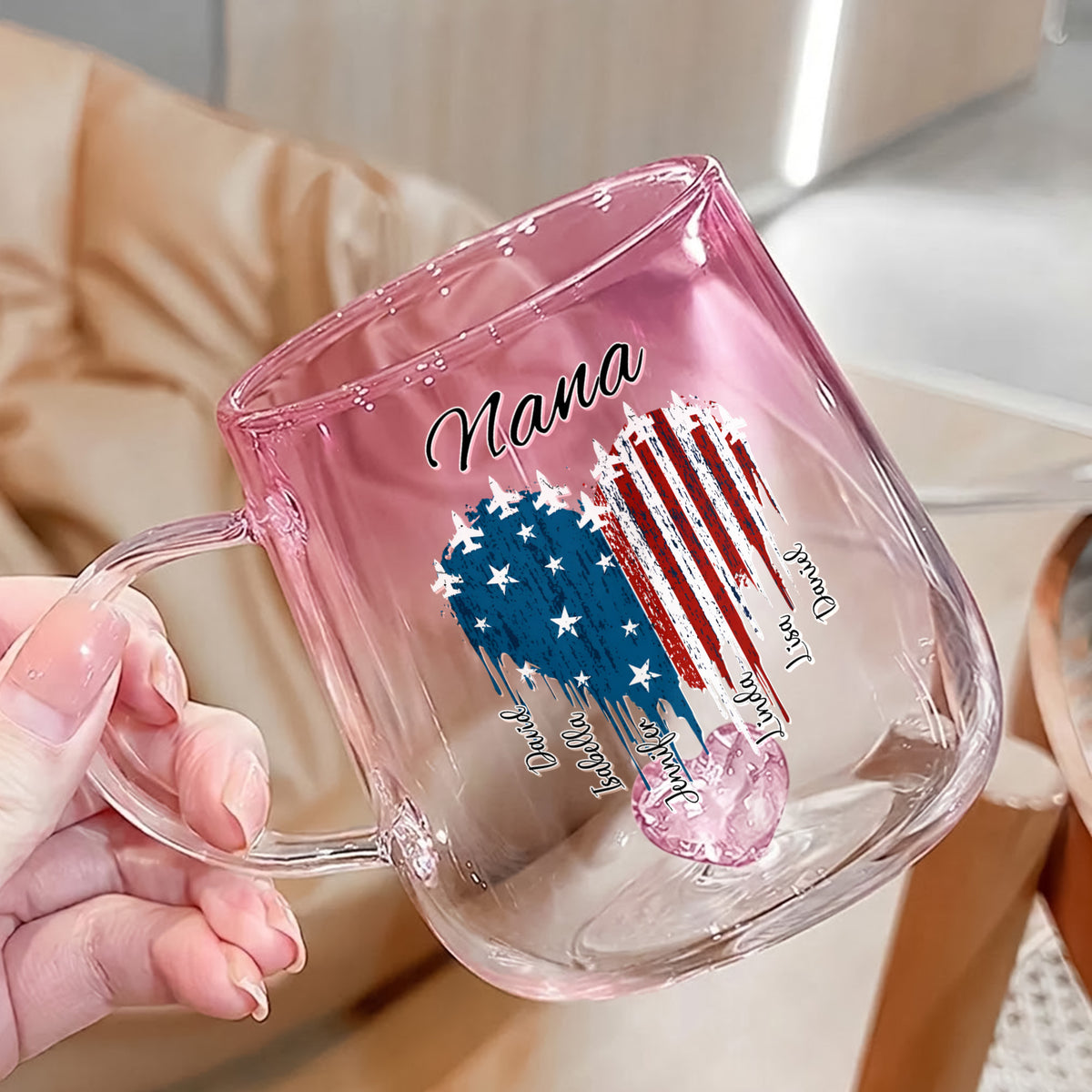 Custom Kids Names Grandma America 250th Anniversary Patriotic Pink Gradient Glass Mug LM32 899563