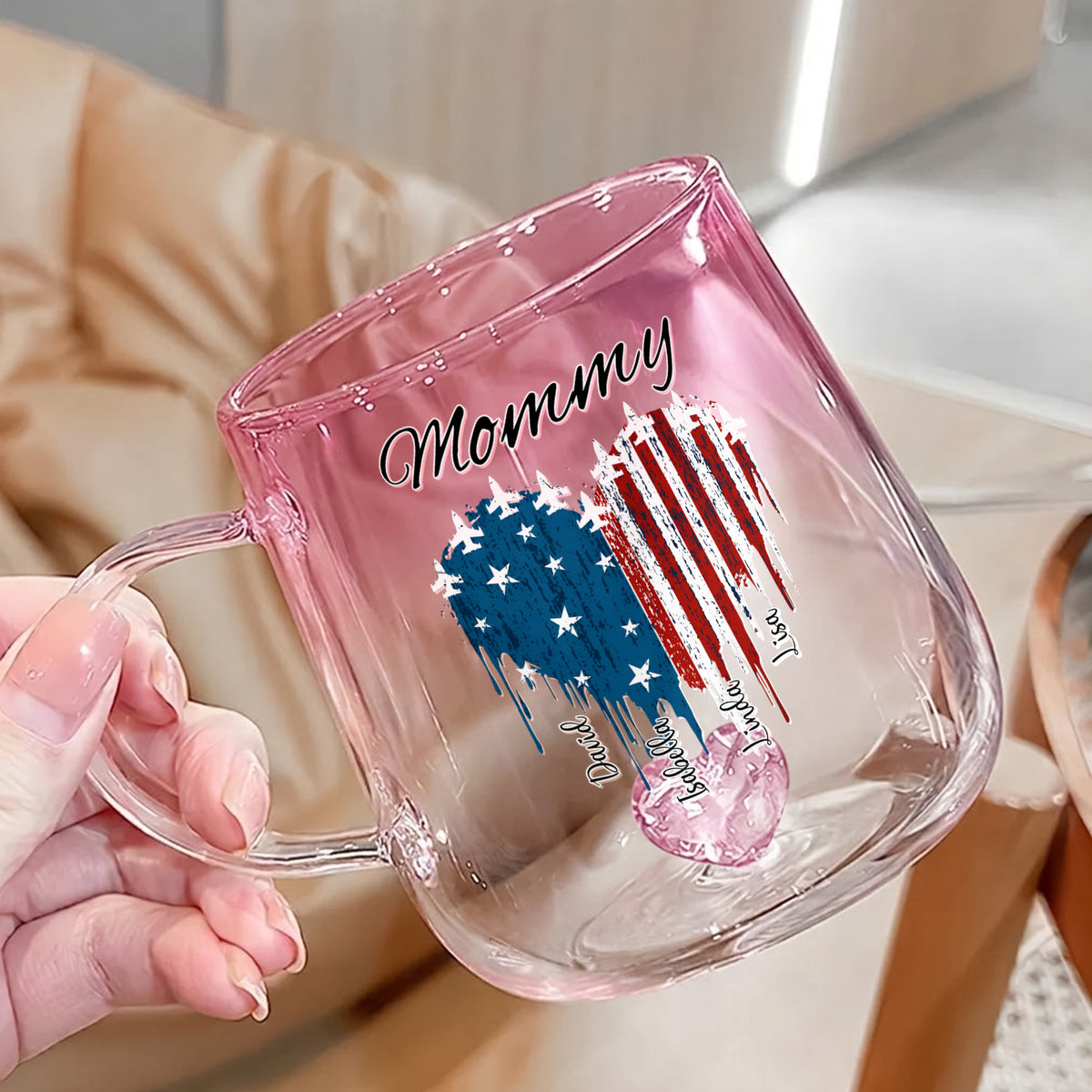 Custom Kids Names Grandma America 250th Anniversary Patriotic Pink Gradient Glass Mug LM32 899563