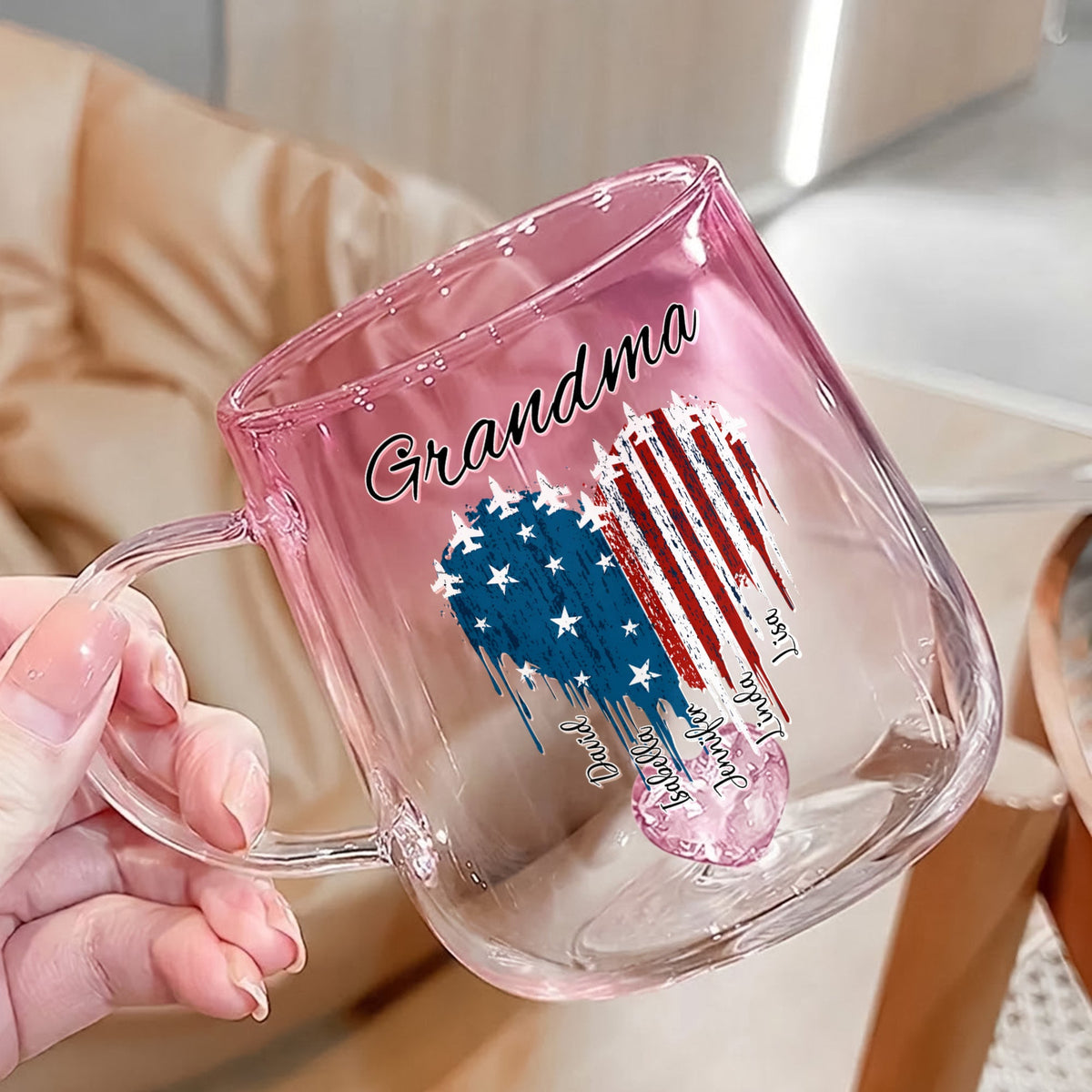 Custom Kids Names Grandma America 250th Anniversary Patriotic Pink Gradient Glass Mug LM32 899563
