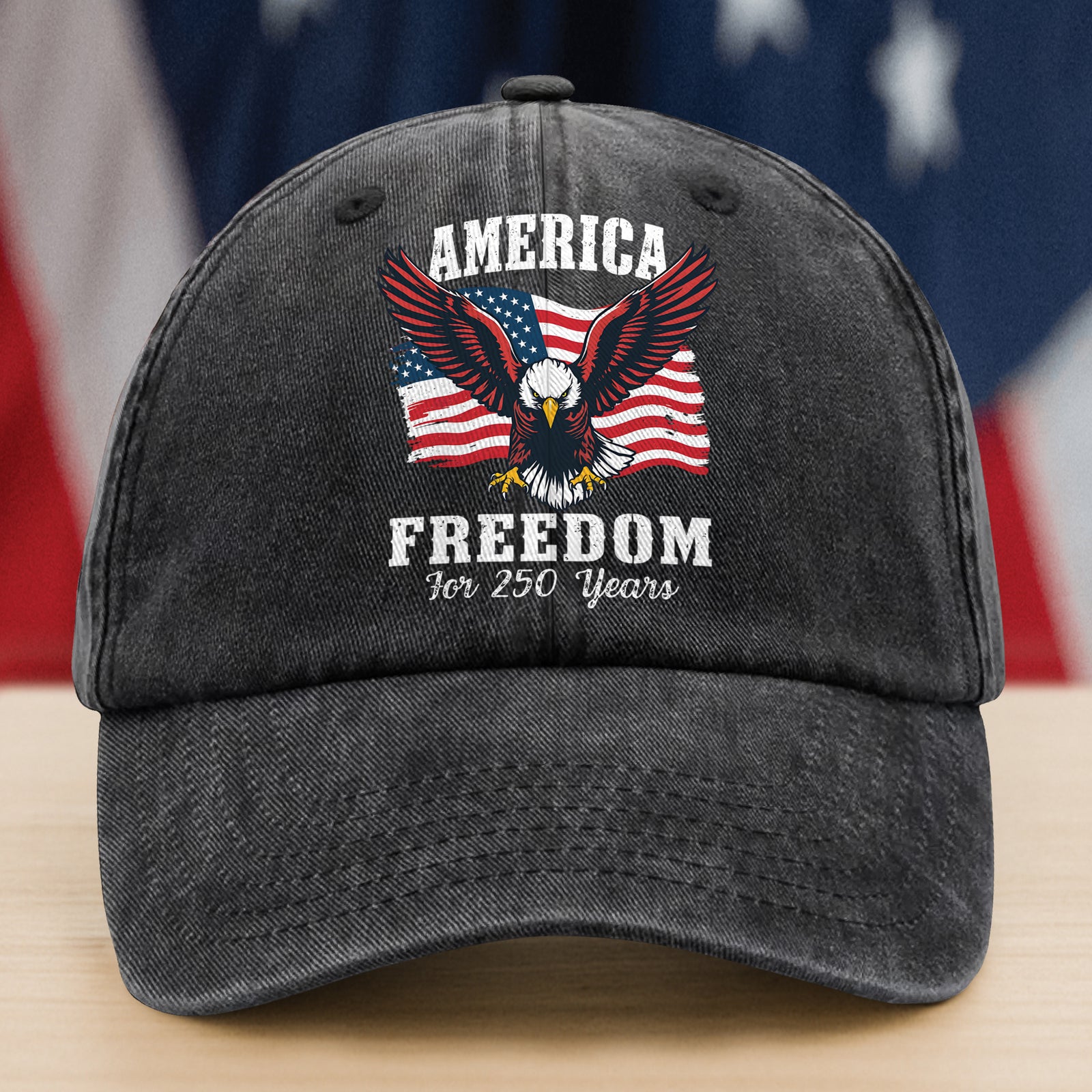 America 250 Years of Freedom Patriotic Eagle Flag Washed Denim Baseball Cap HA75 897346
