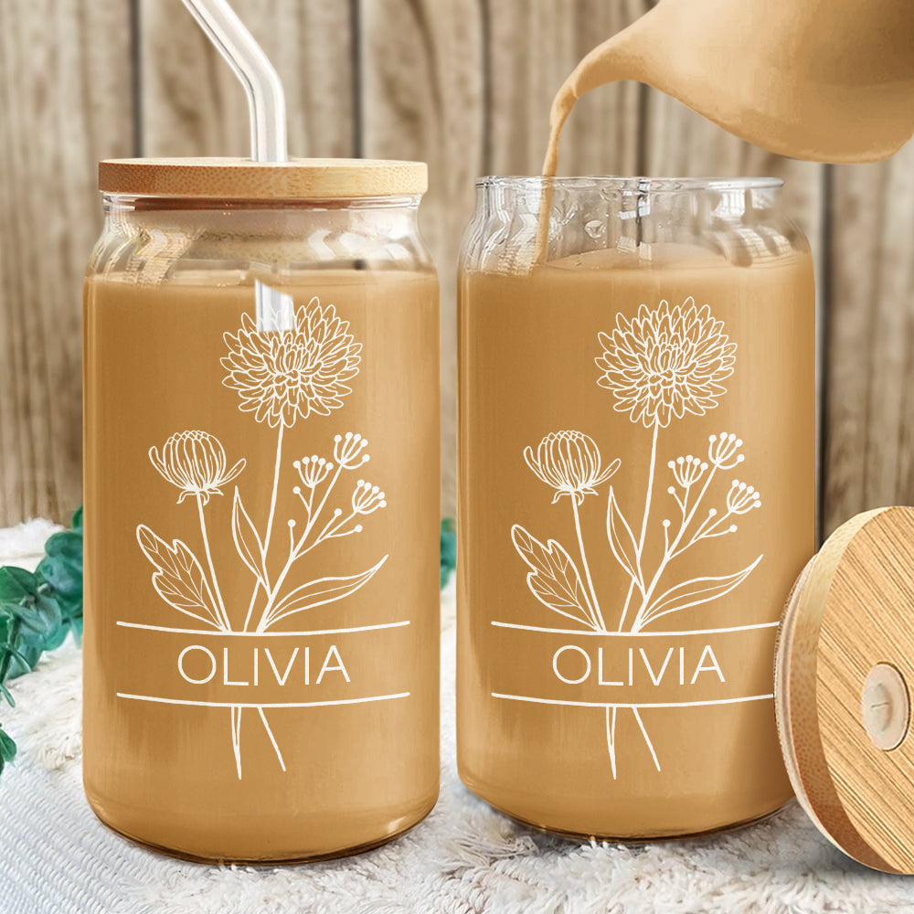 Custom Name With Birth Flower Engraved Glass Can With Lid HO82 894368