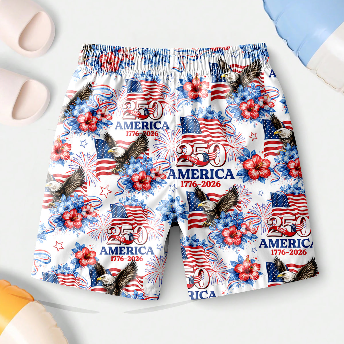 Personalized USA 250th Anniversary 1776–2026 Kids Beach Shorts – Patriotic Eagle Flag Gift for 4th of July TH10 169395