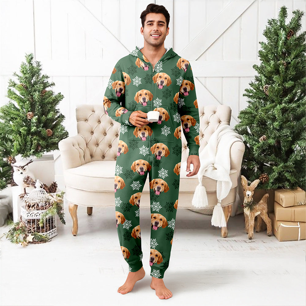 Custom Dog Photo Snow Pattern Christmas Onesie Pajamas Gift For Pet Lovers CH07 180756