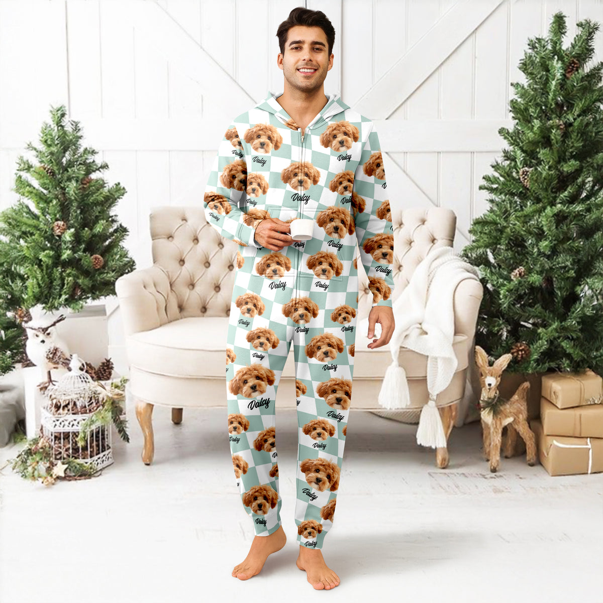 Custom Dog Cat Face Gingham Pattern Onesie Pajamas For Dog Cat Lovers LM32 669735