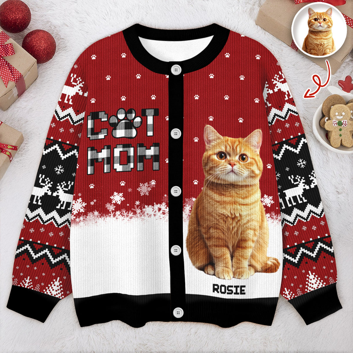 Custom Cat Photo Christmas Pattern Ugly Cardigan Christmas Gift HA75 898176