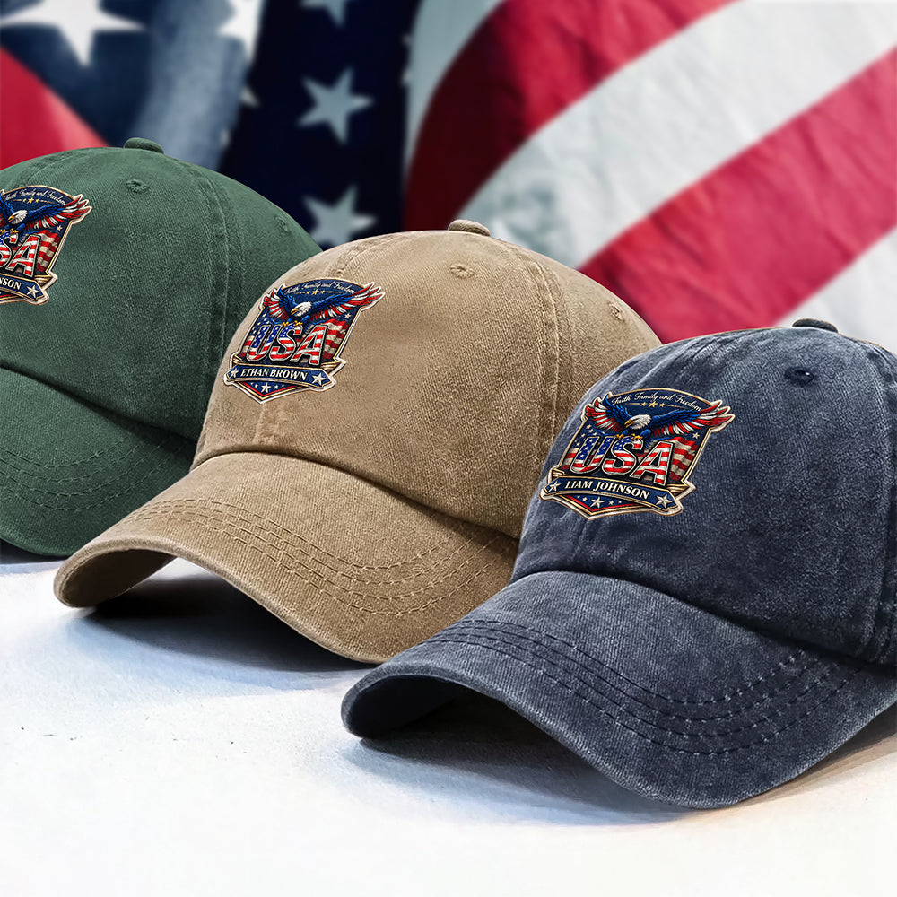 Personalized Faith, Family & Freedom America 250 Years Washed Denim Baseball Cap HA75 921018