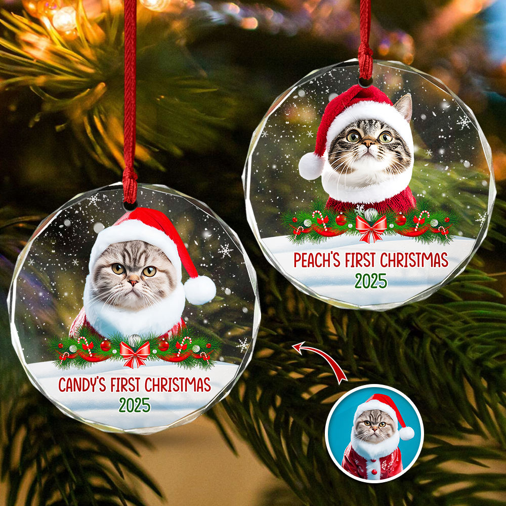 Custom Photo Cat First Christmas Glass Ornament HA75 897260