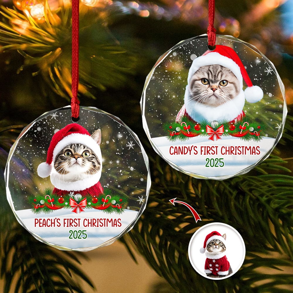 Custom Photo Cat First Christmas Glass Ornament HA75 897260