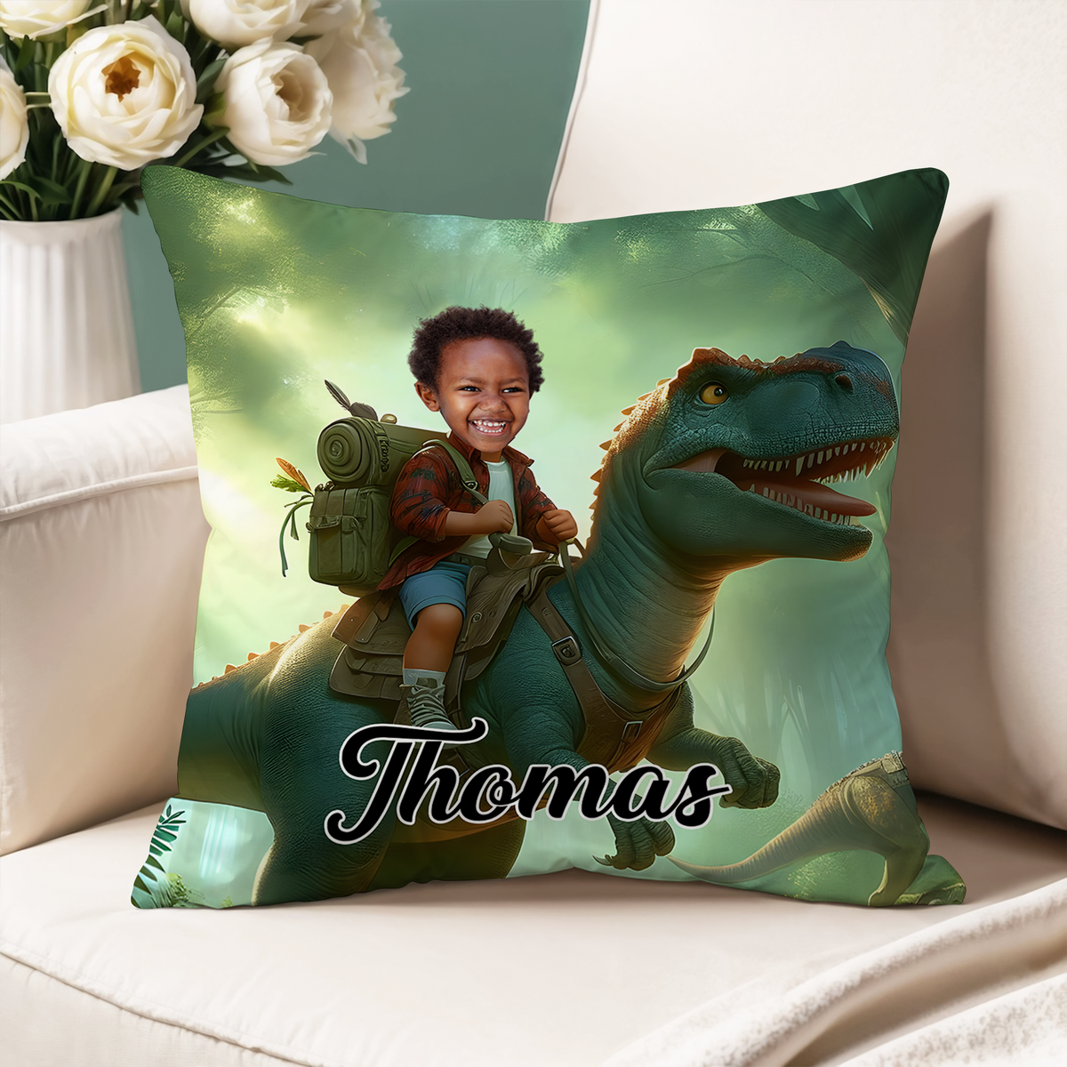 Custom Cute Kid Photo Riding Dinosaur Pillow Personalized Gift For Daughter Son CH07 895712