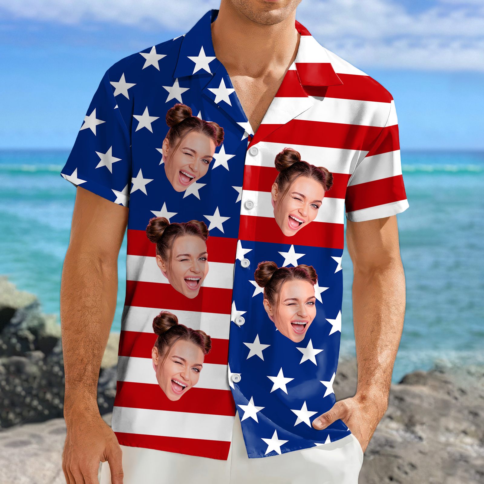 Custom Face American Flag Hawaiian Shirt Personalized Funny Independence Day Gift CH07 896108