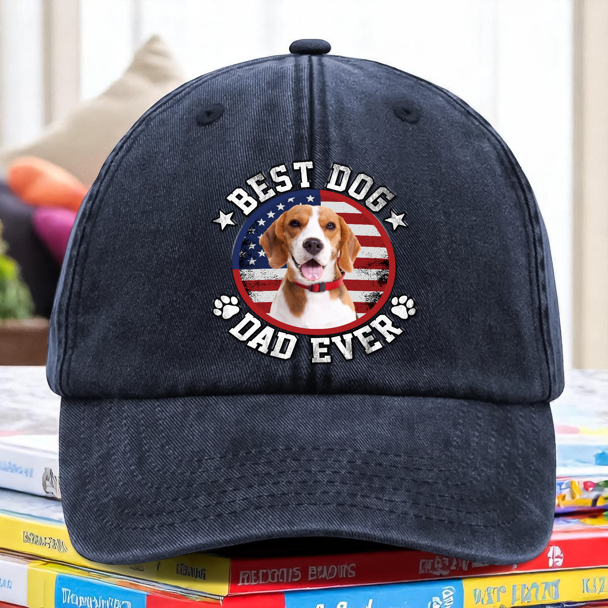 Custom Photo Best Dog Dad Ever With US Flag Washed Denim Baseball Cap HA75 892478
