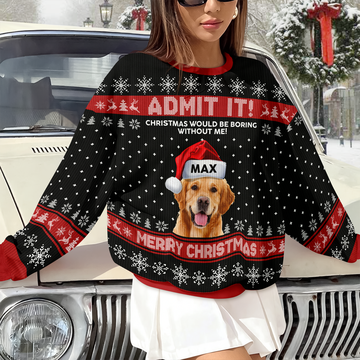 Custom Dog Photo Christmas Would Be Boring Without Me AOP Ugly Sweater LM32 895041