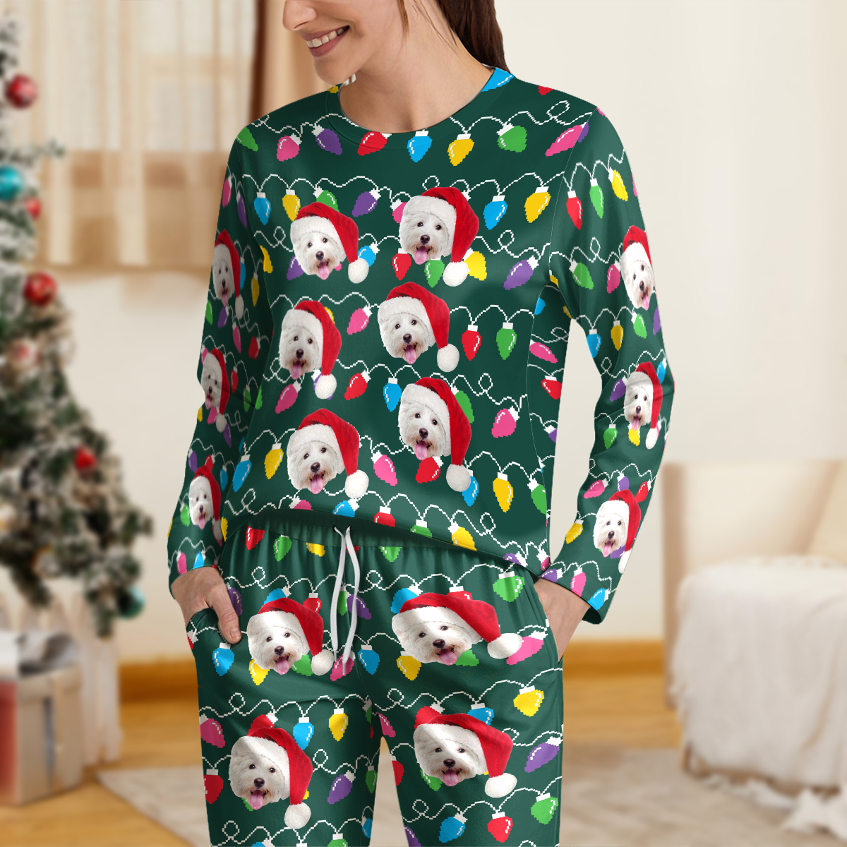 Custom Photo Dog With Colorful Christmas Lights Sleepwear HO82 900028