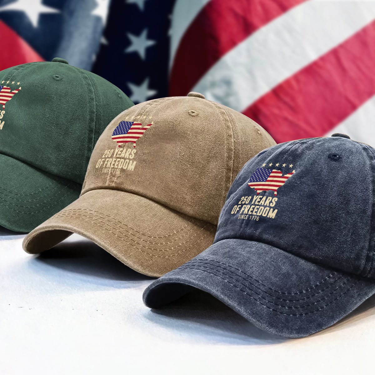 America 250th Anniversary 1776 2026 America 250 Years of Freedom Washed Denim Baseball Cap CH07 899228