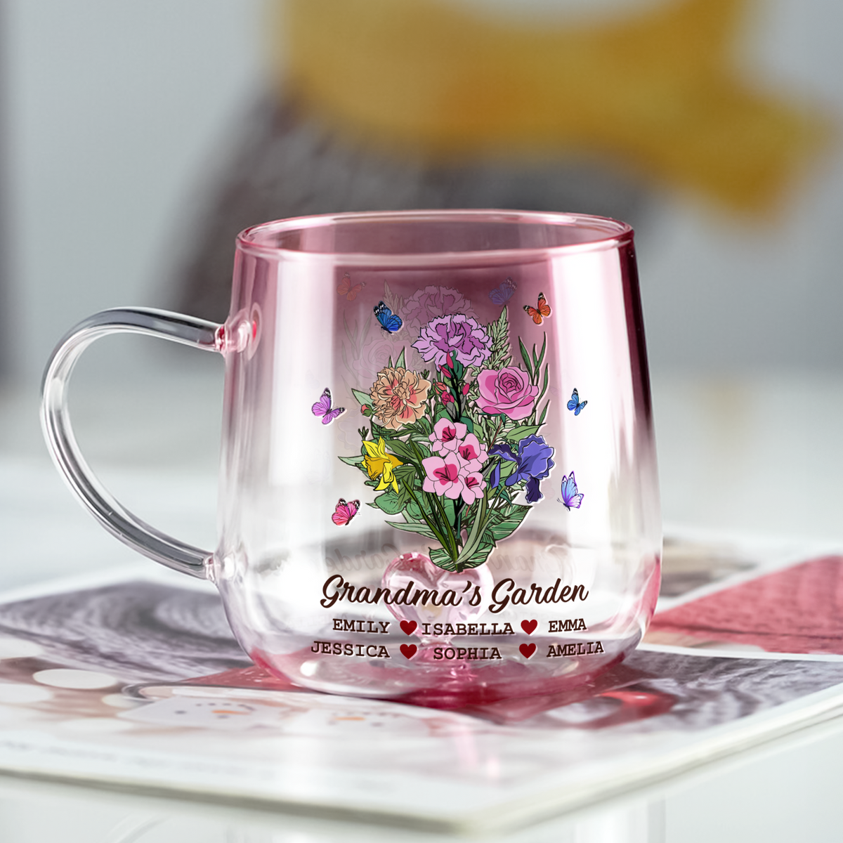 Personalized The Garden Of Grandma Pink Gradient Glass Mug - Gift For Grandma, Mom, Mother's Day HO82 901750