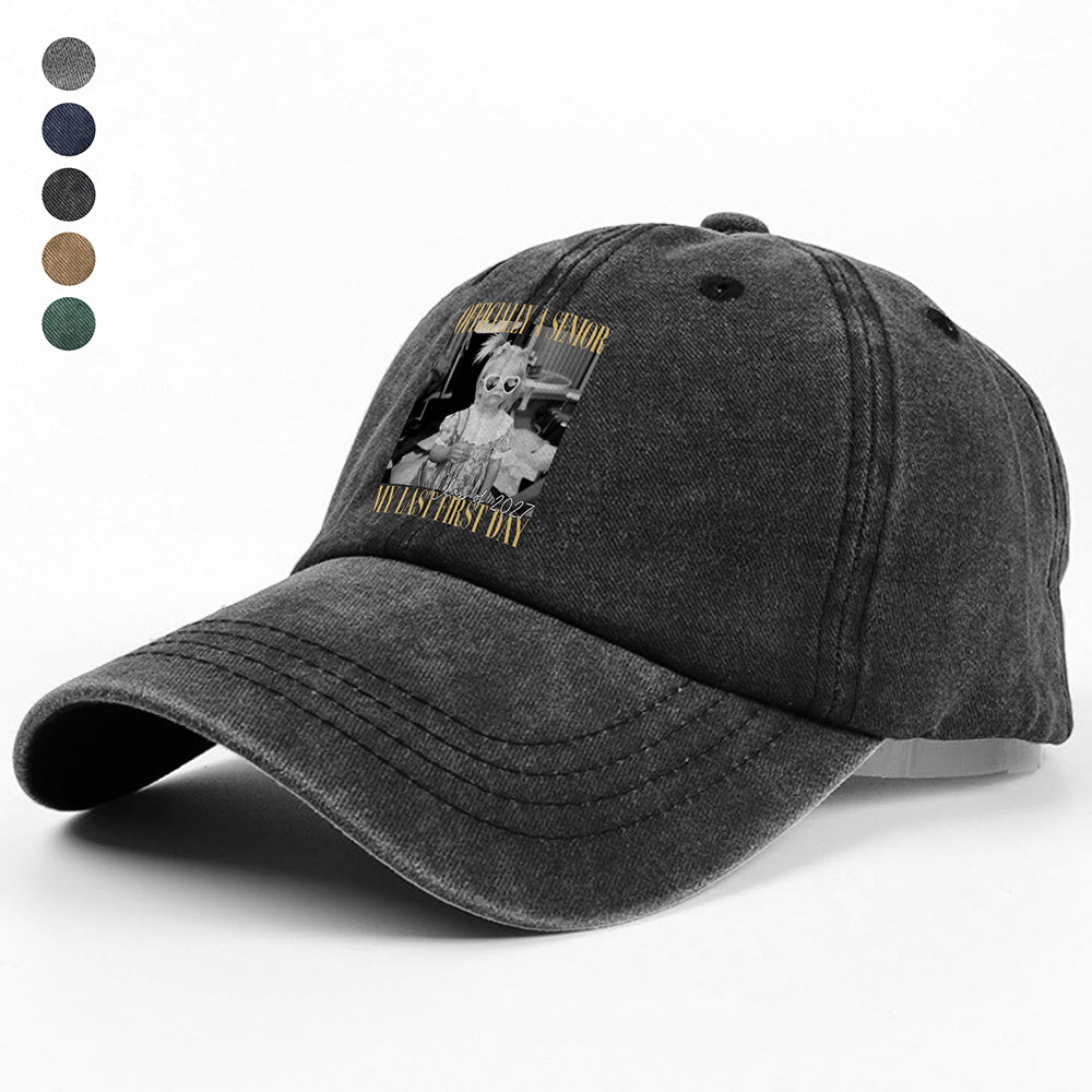 Personalised Vintage Photo And Year Senior - Officially A Senior - My Last First Day Washed Denim Baseball Cap HA75 922070