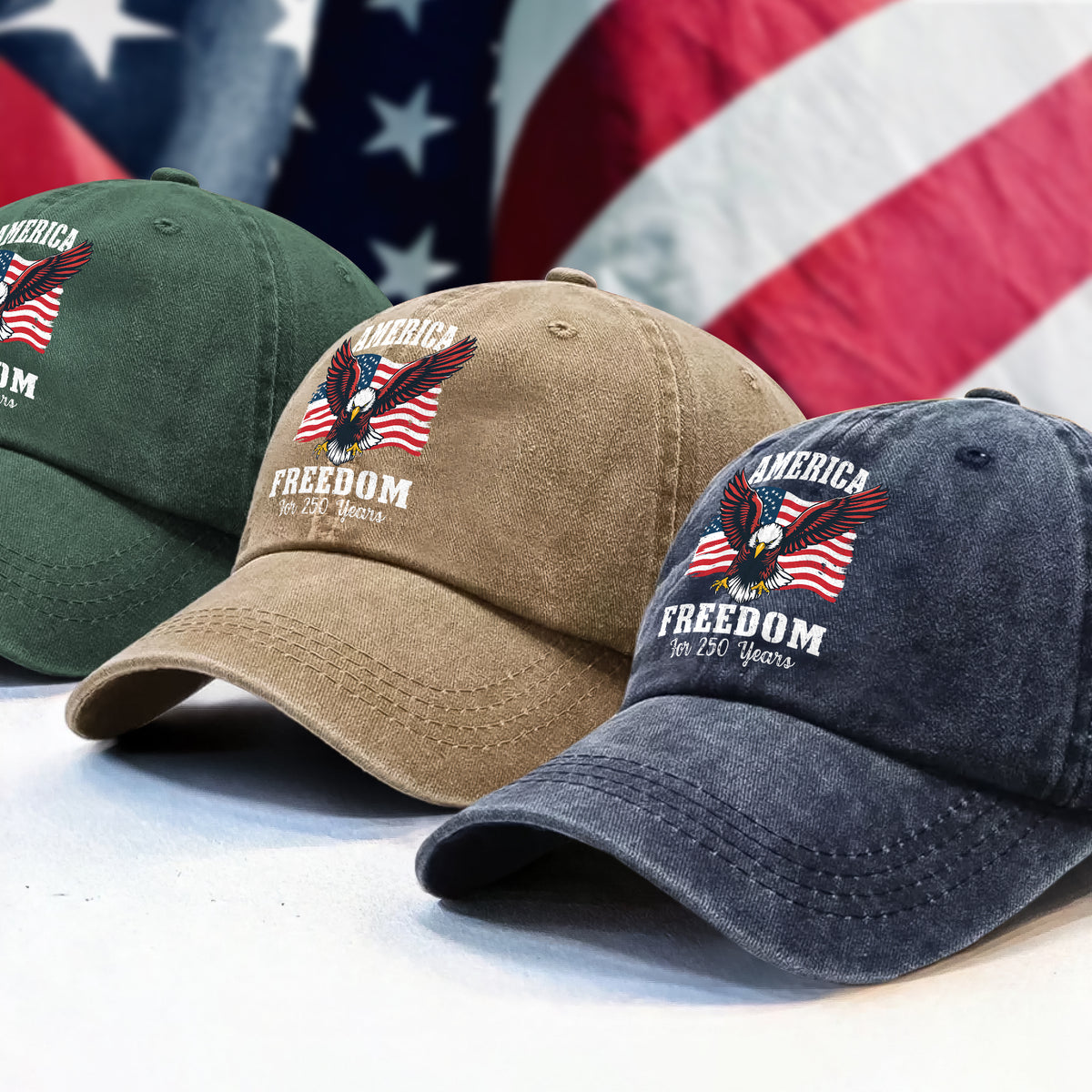 America 250 Years of Freedom Patriotic Eagle Flag Washed Denim Baseball Cap HA75 897346