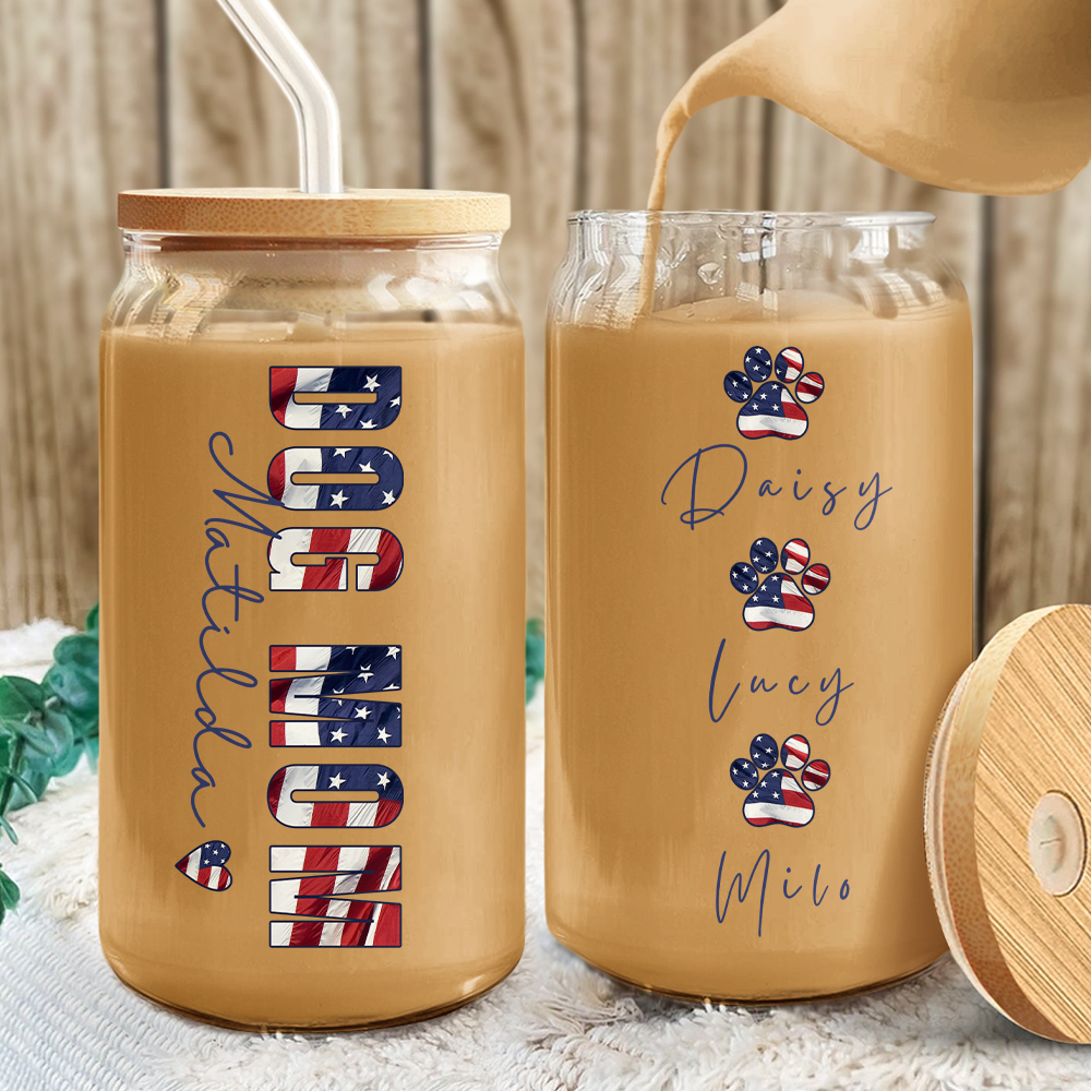 Custom Name America Dog Mom With Kid Glass Can With Lid Gift For Mom TH10 898695