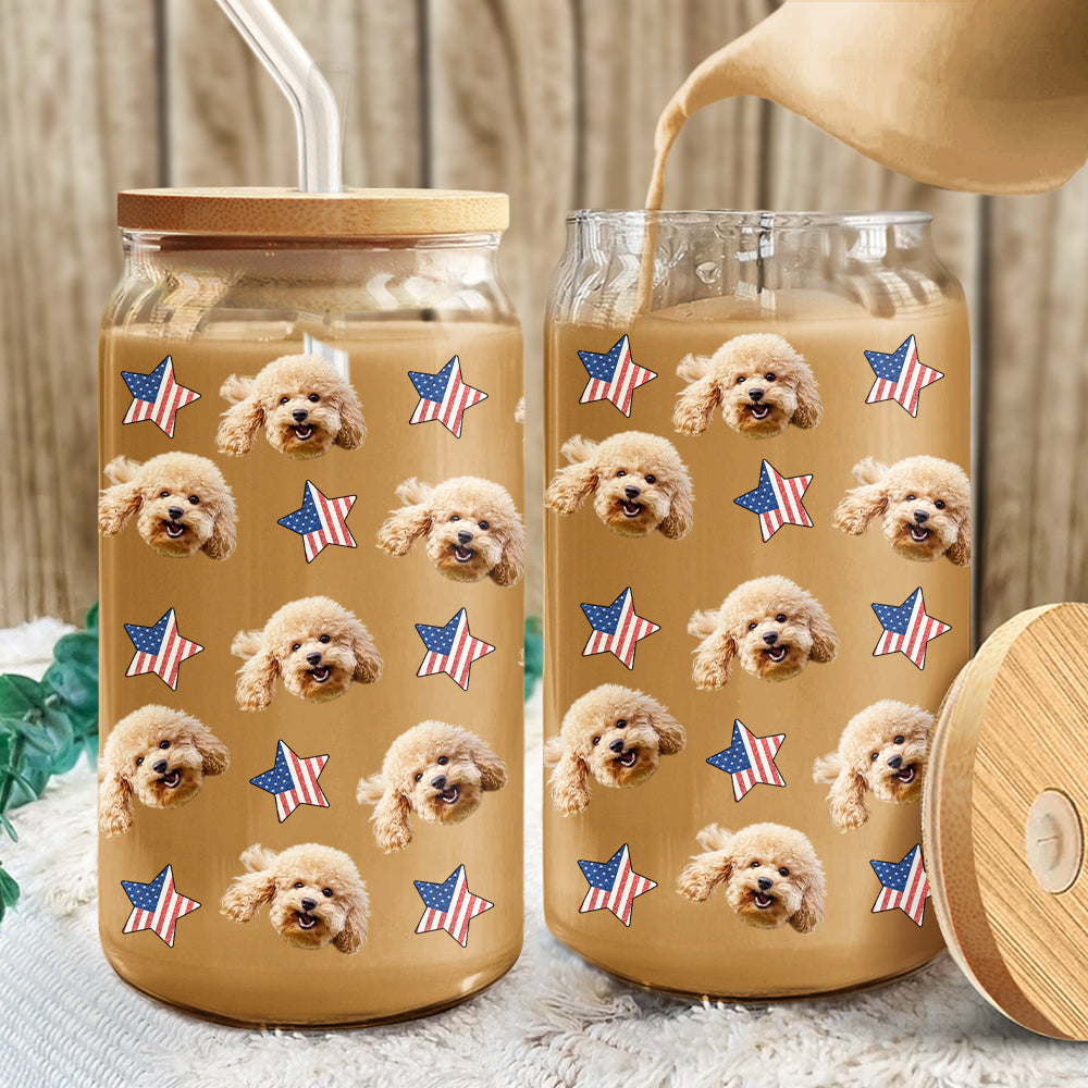 Custom Dog Cat Pet Photo With Icon US Flag Glass Can With Lid Gift for Pet Lovers HA75 920330