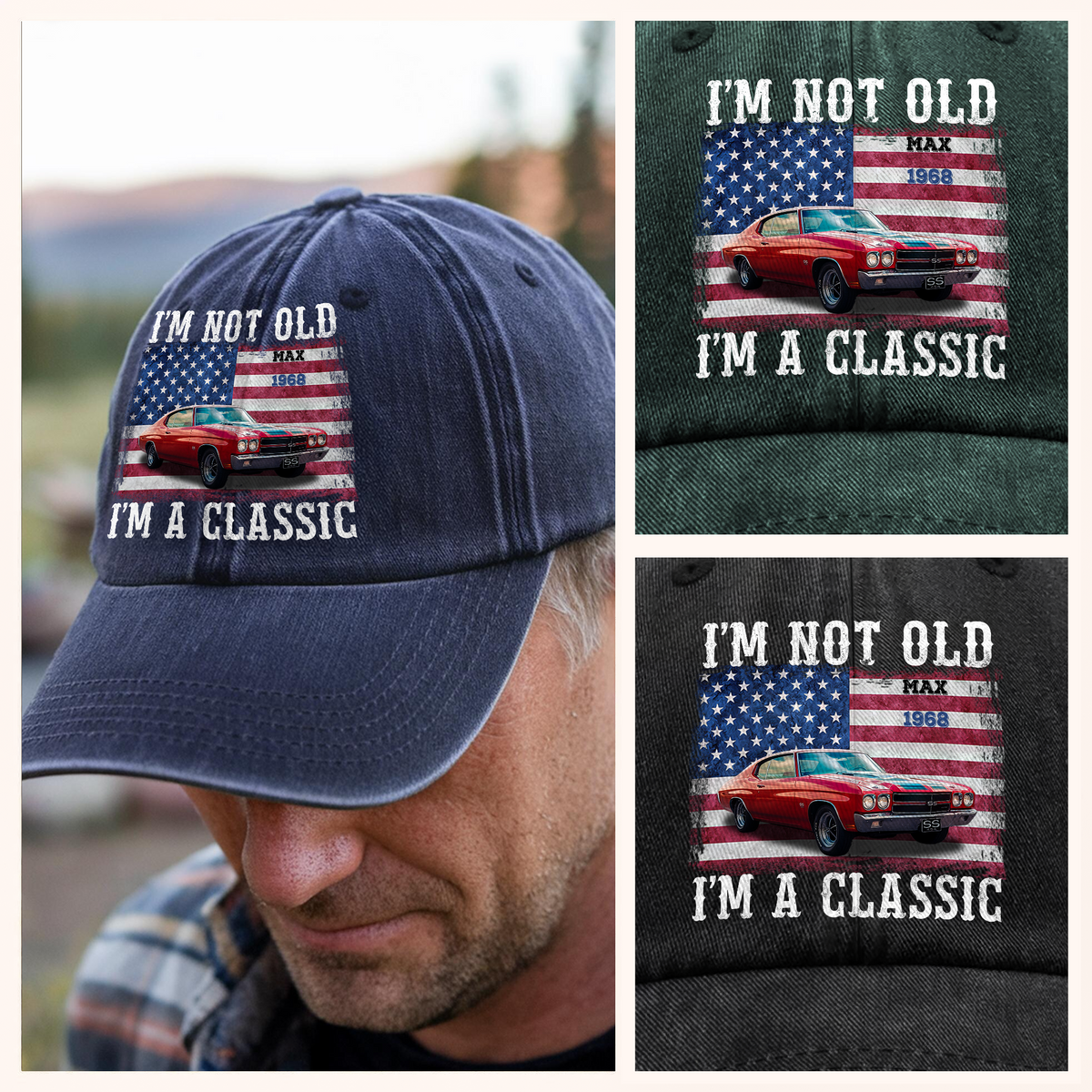 Custom Car Photo I'm Not Old Classic Car American Flag Washed Denim Baseball Cap CH07 896428