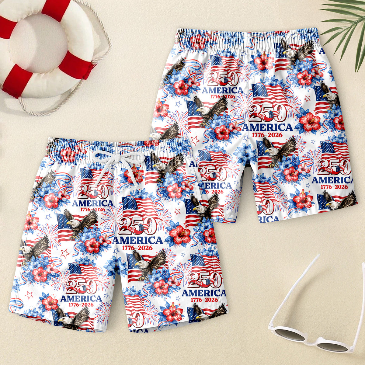 Personalized USA 250th Anniversary 1776–2026 Kids Beach Shorts – Patriotic Eagle Flag Gift for 4th of July TH10 169395