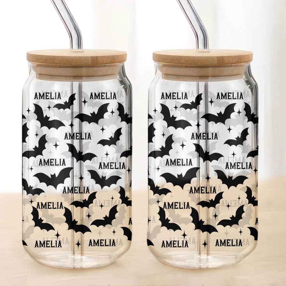 Personalized Name Cute Halloween Glass Can With Lid Spooky Season HA75 922000