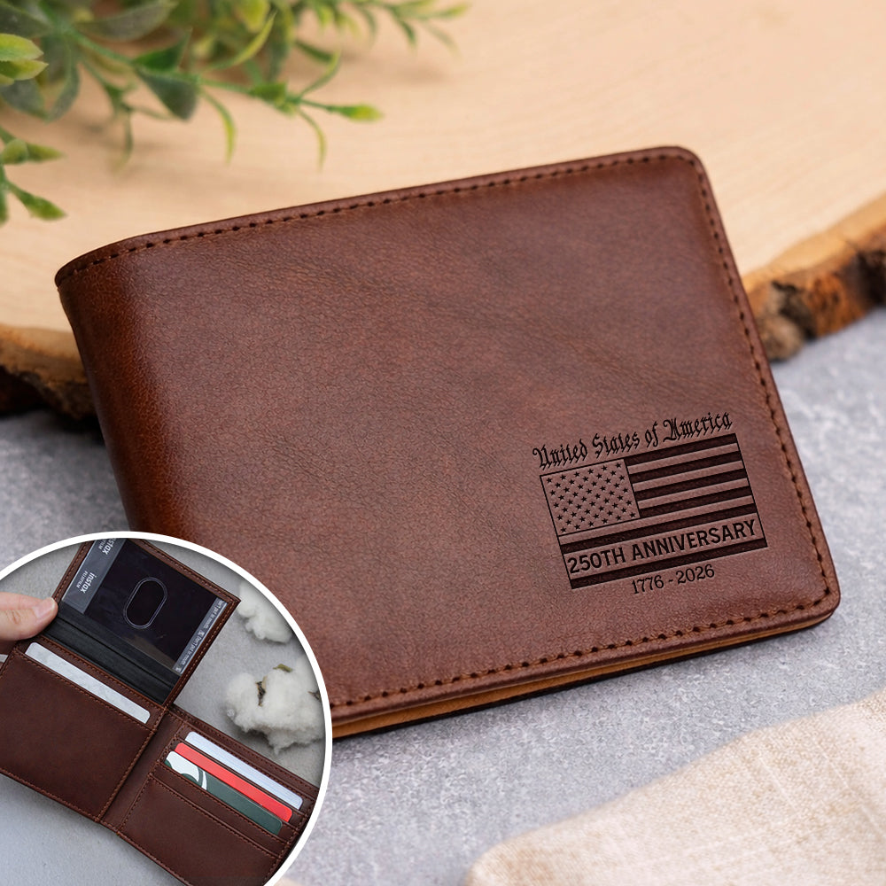 USA 250th Anniversary Engraved Leather Wallet Patriotic Gift For Men, Dad, Boyfriend CH07 910428