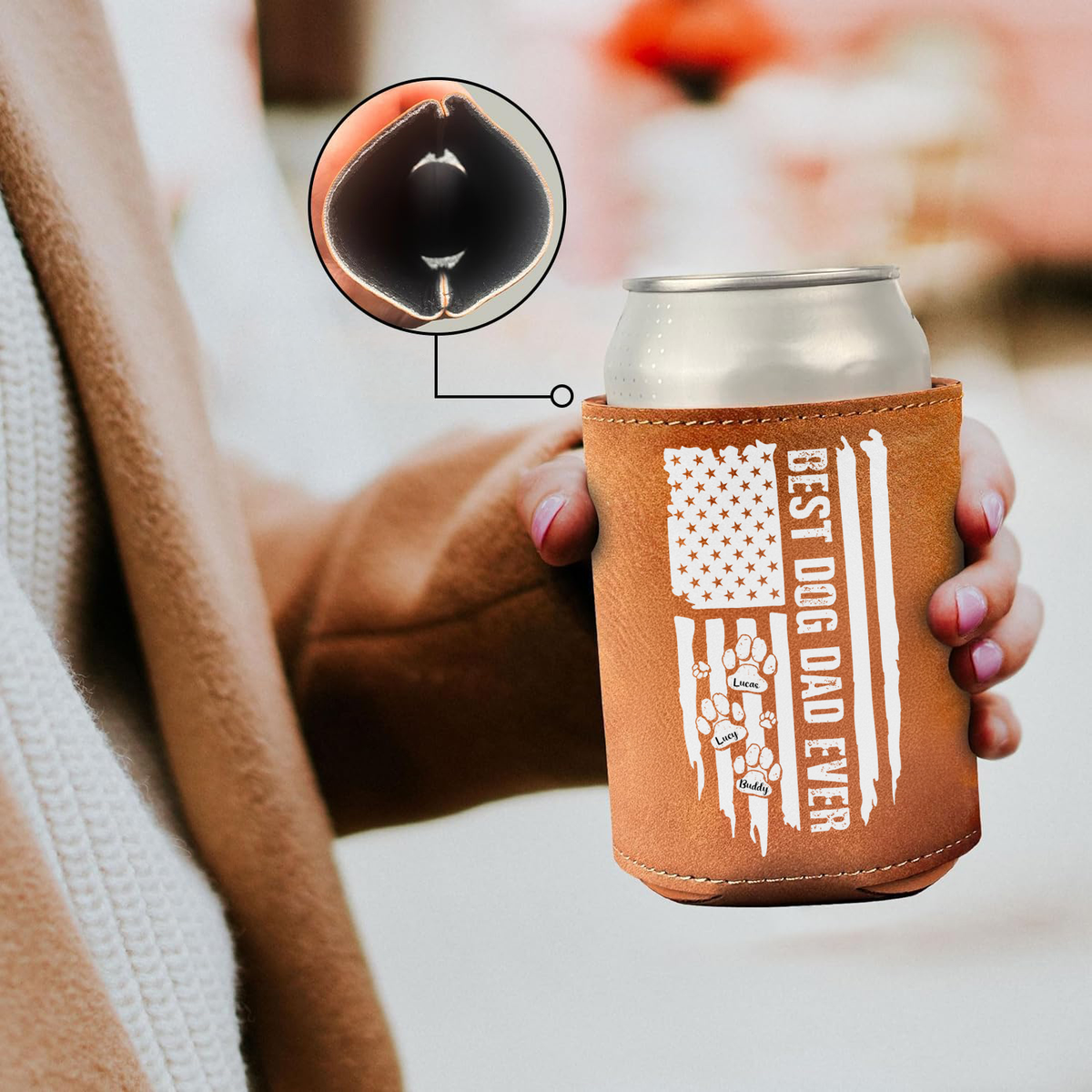 Best Dog Dad Ever Paw American Flag Leather Can Cooler Holder Gift For Dog Lovers HO82 894106