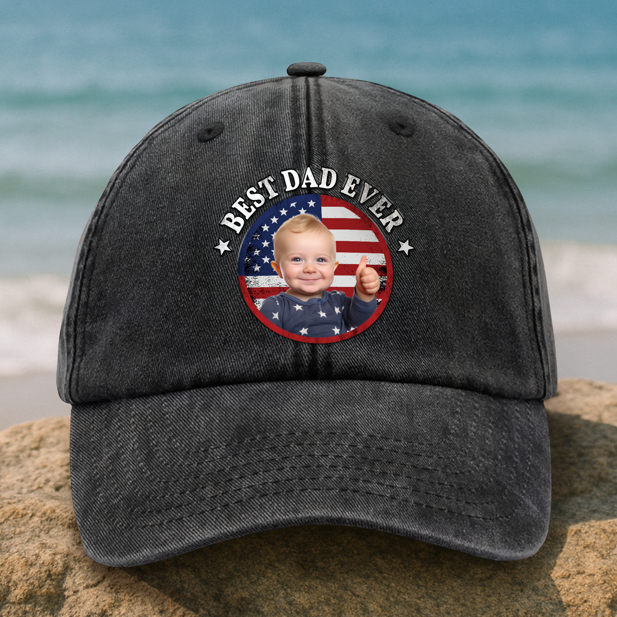 Custom Photo Best Dad Ever With US Flag Washed Denim Baseball Cap HA75 892528