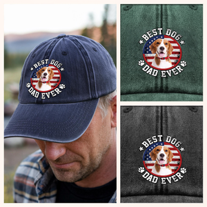 Custom Photo Best Dog Dad Ever With US Flag Washed Denim Baseball Cap HA75 892478
