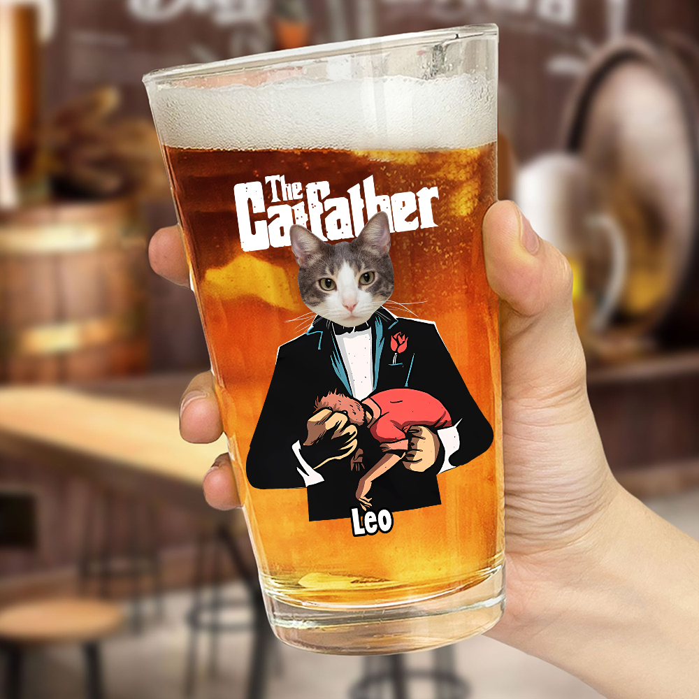 Custom Cat Face Photo The Catfather Print Beer Glass Personalized Gift For Dad HO82 893858