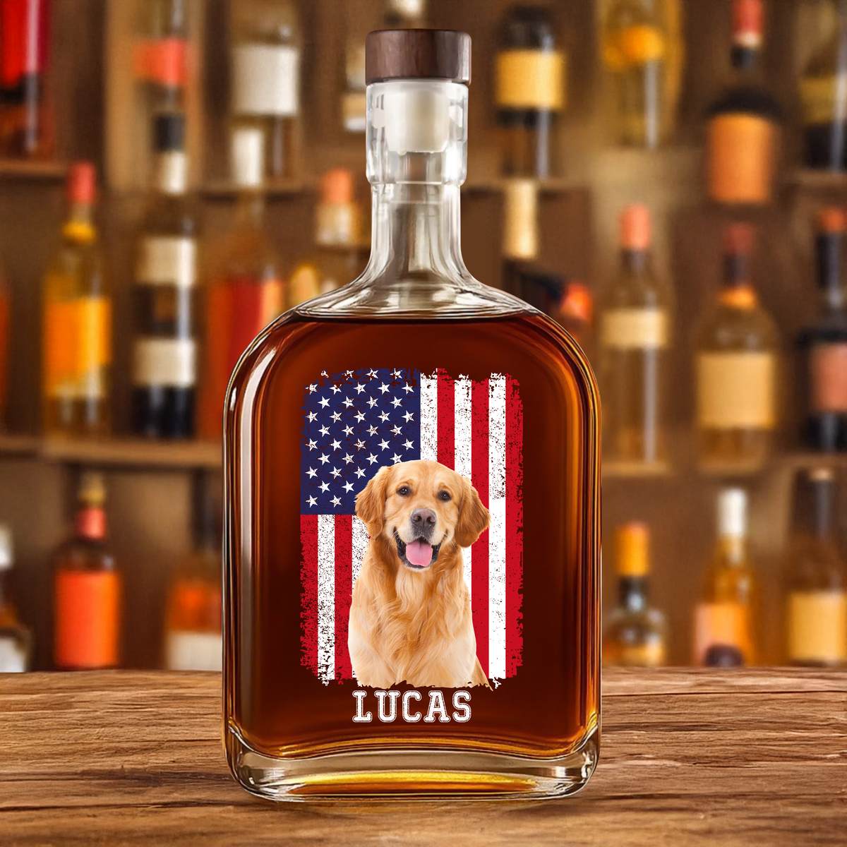 Custom Photo Dog With America Flag Whiskey Bottle HA75 892736