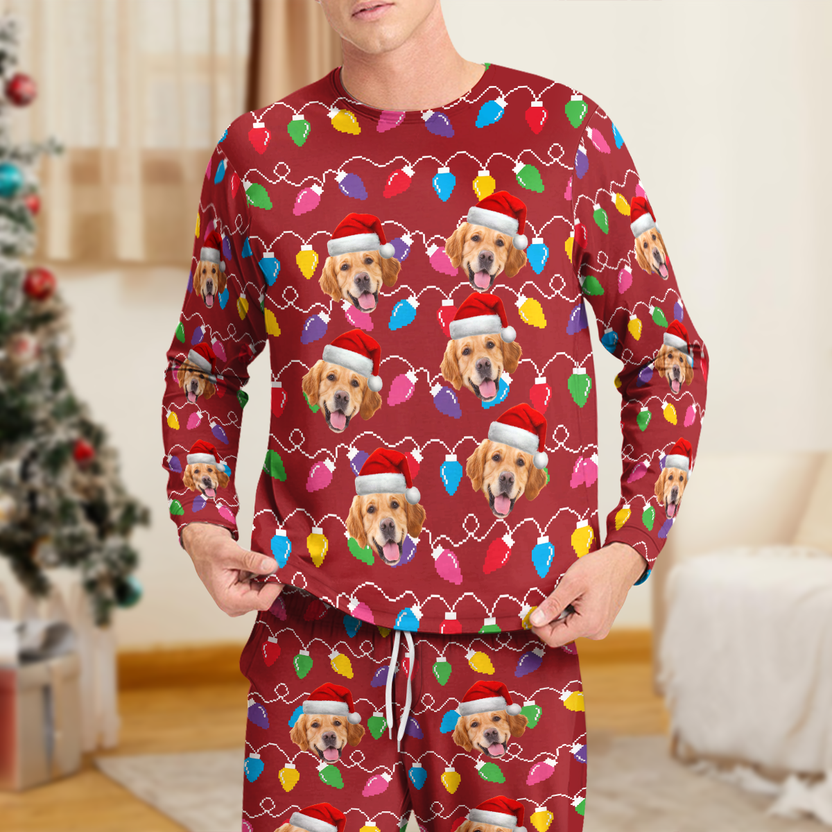 Custom Photo Dog With Colorful Christmas Lights Sleepwear HO82 900028