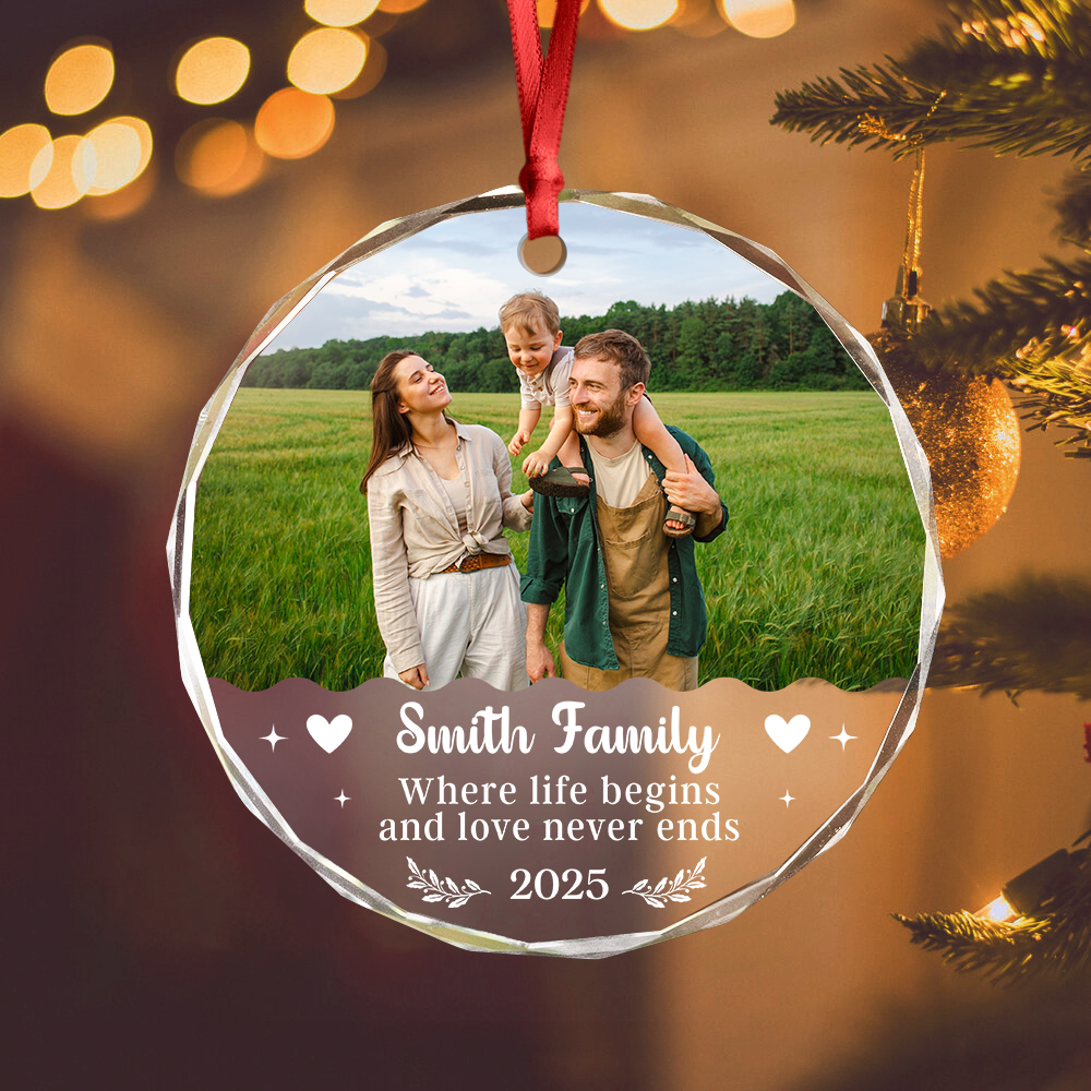 Where Life Begins And Love Never Ends Custom Family Photo Glass Ornament CH07 896602