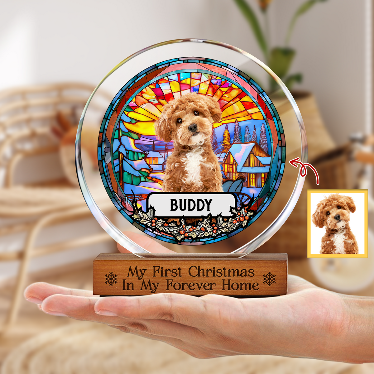 Custom Photo and Name Christmas Dog Cat Round Acrylic Frame Block CH07 899020