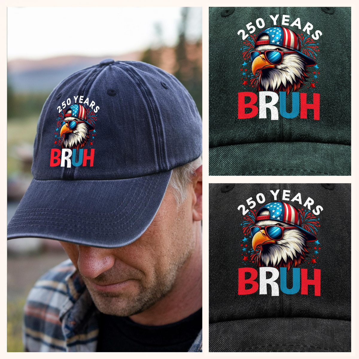 250 Years USA Bruh 250th Birthday 1776-2026 Eagle Flag Washed Denim Baseball Cap HA75 897332