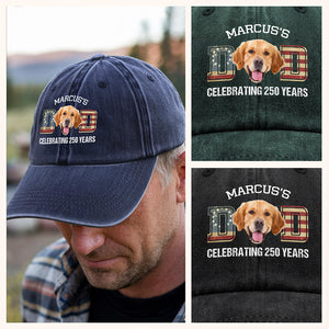 Custom Photo Dog Cat Dad Mom Celebrating 250 Years Washed Denim Baseball Cap HO82 900326