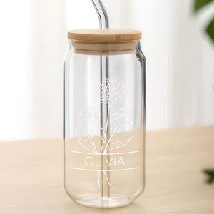 Custom Name With Birth Flower Engraved Glass Can With Lid HO82 894368