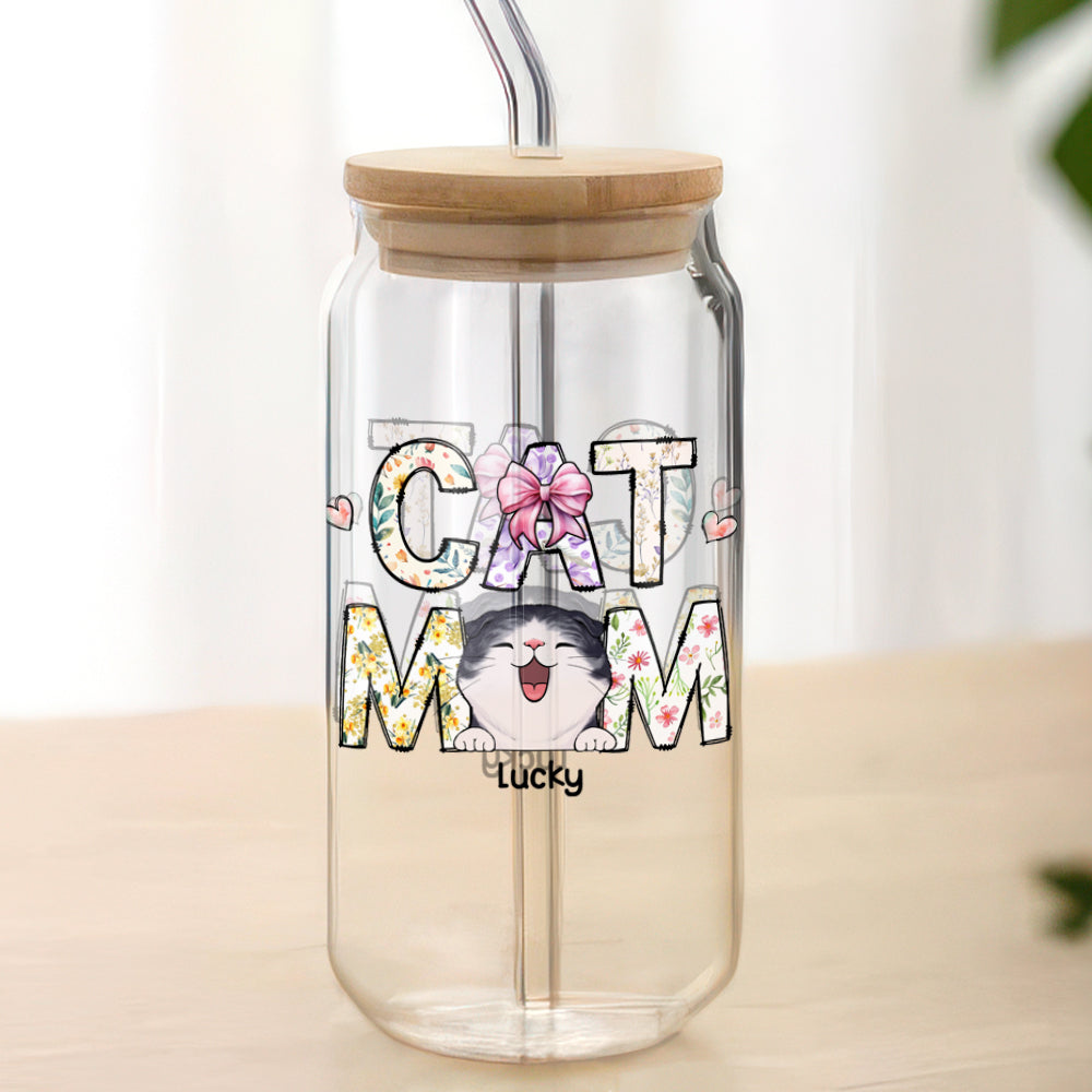 Cat Mom Dog Mom Floral Personalized Glass Can With Lid CH07 895534